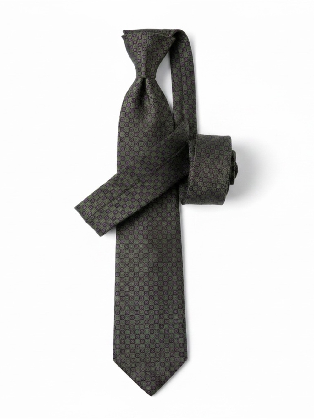 Ralph Lauren Olive Green Tie with Purple Square Pattern